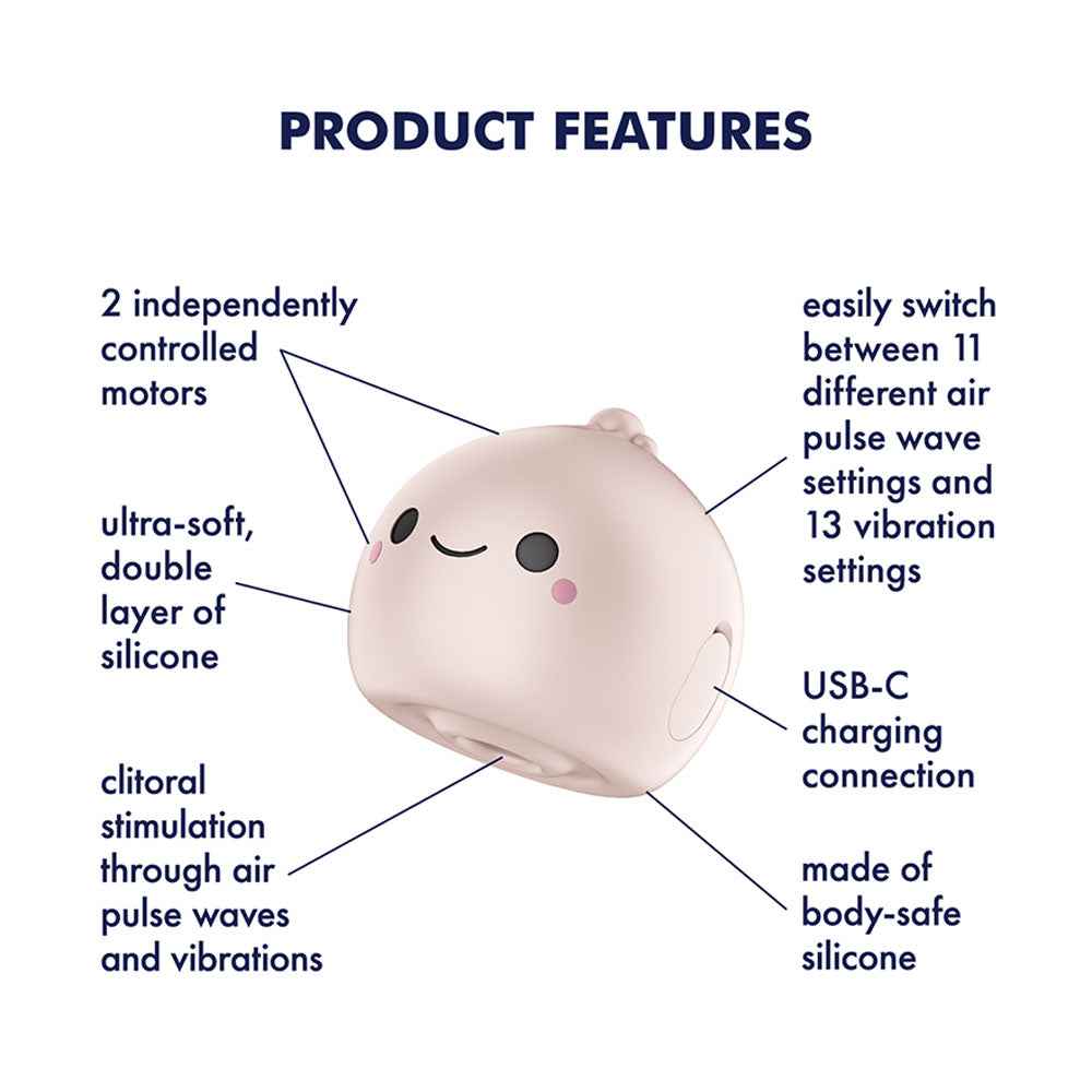 Side view of the Beige Satisfyer Mochi USB Rechargeable Air Pulse Stimulator with specifications on a white background | Flirty Bay, sex toys and vibrator, Perth Australia