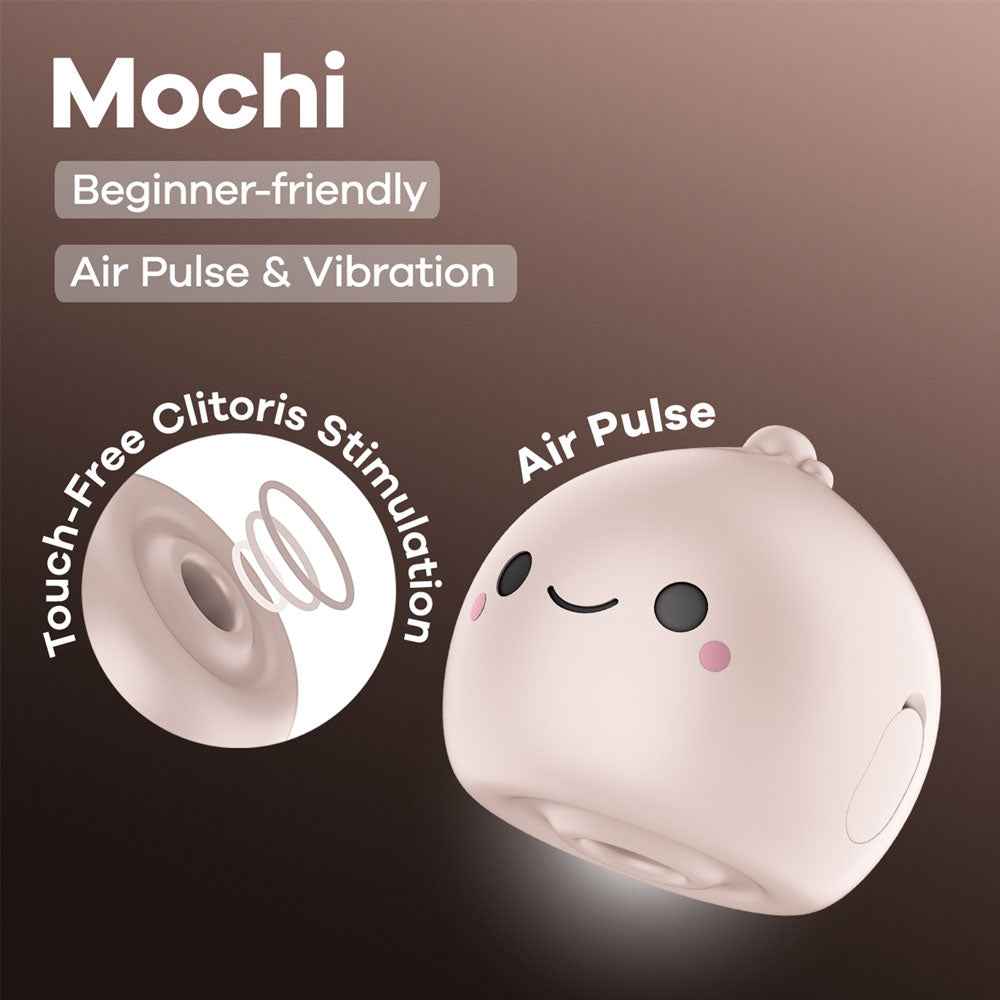 One side view of the Beige Satisfyer Mochi USB Rechargeable Air Pulse Stimulator with specifications on a shadow brown background | Flirty Bay, sex toys and vibrator, Perth Australia