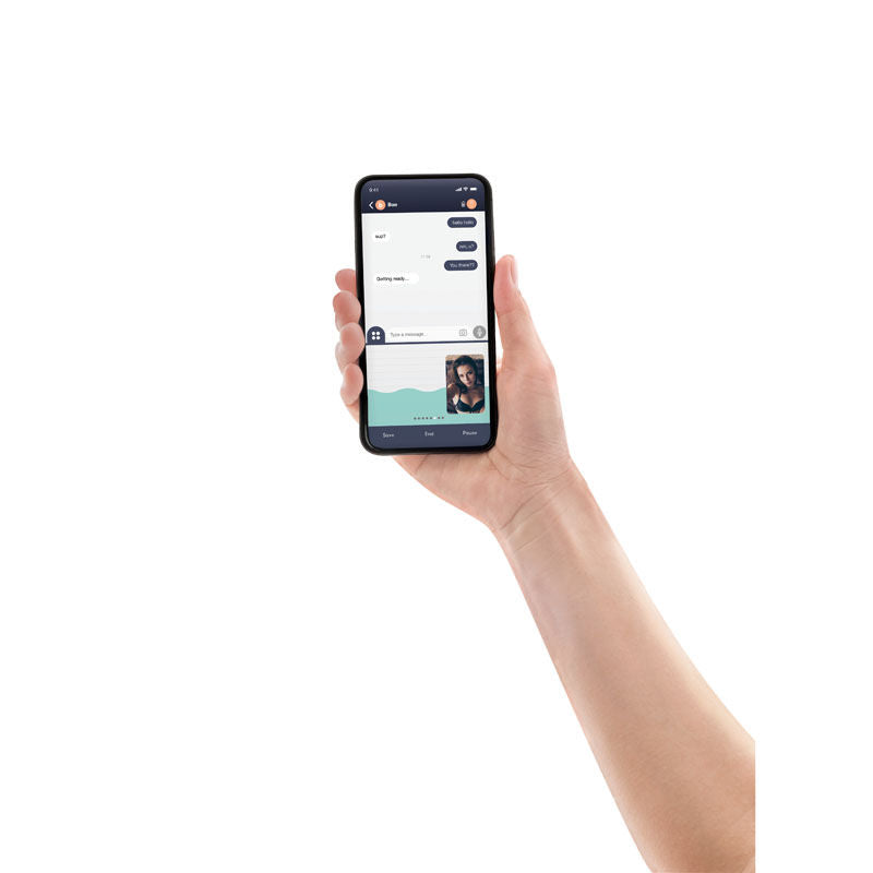 Hand holding a phone showing the app used to control the Black Love Distance Mag App Controlled Vibrating Panties on a white background | Flirty Bay, vibrator panties in Perth Australia