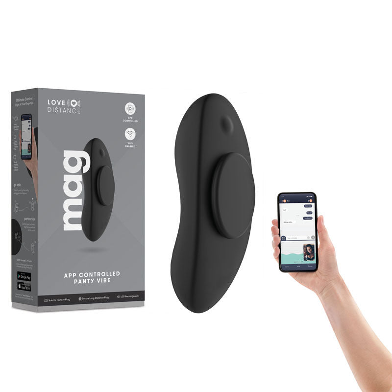 Front view of the Black Love Distance Mag App Controlled Vibrating Panties with packaging on the left side and a hand holding a phone showing the app on a white background | Flirty Bay, vibrator panties in Perth Australia