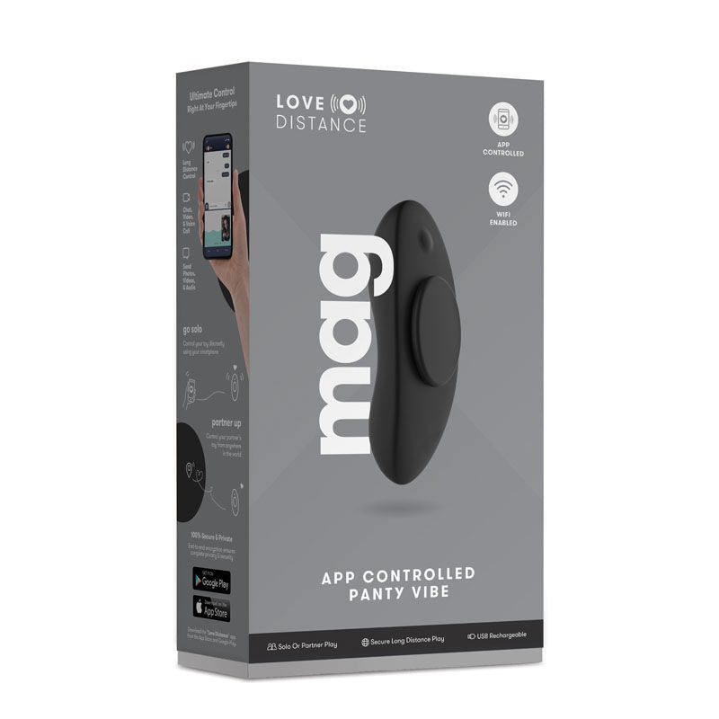 Side view of the packaging of the Black Love Distance Mag App Controlled Vibrating Panties on a white background | Flirty Bay, vibrator panties in Perth Australia