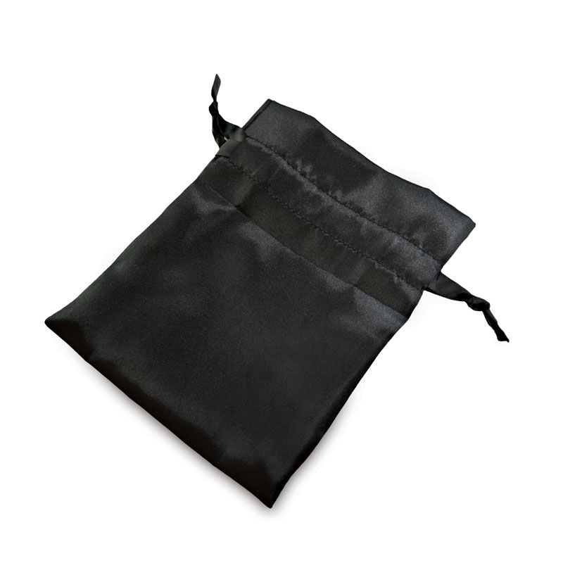 Side view of the satin travel bag included with the Black Love Distance Mag App Controlled Vibrating Panties on a white background | Flirty Bay, vibrator panties in Perth Australia