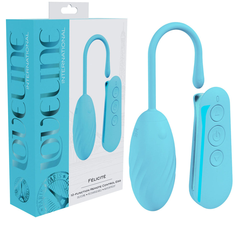 Front view of the blue Loveline Felicite rechargeable vibrating egg with wireless remote on the right and packaging on a white background | Flirty Bay, sex toys Australia