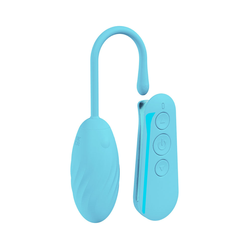 Front view of the blue Loveline Felicite rechargeable vibrating egg with wireless remote on the right on a white background | Flirty Bay, sex toys Australia
