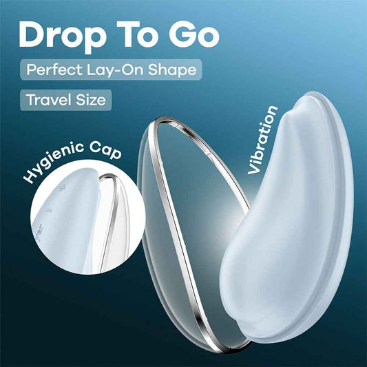 Side view of the blue Satisfyer Drop To Go USB Rechargeable Clitoral Stimulator open with specifications on a mint background | Flirty Bay, sex toys and clitoral stimulator, Perth Australia