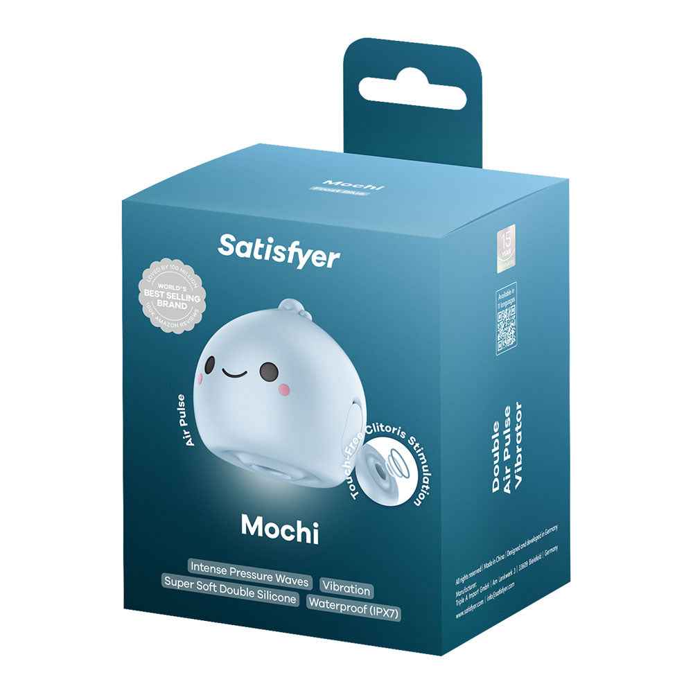 Side view of the packaging of the Blue Satisfyer Mochi USB Rechargeable Air Pulse Stimulator on a white background | Flirty Bay, sex toys and vibrator, Perth Australia