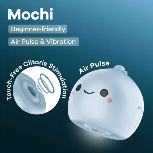 One side view of the Blue Satisfyer Mochi USB Rechargeable Air Pulse Stimulator with specifications on a shadow blue background | Flirty Bay, sex toys and vibrator, Perth Australia