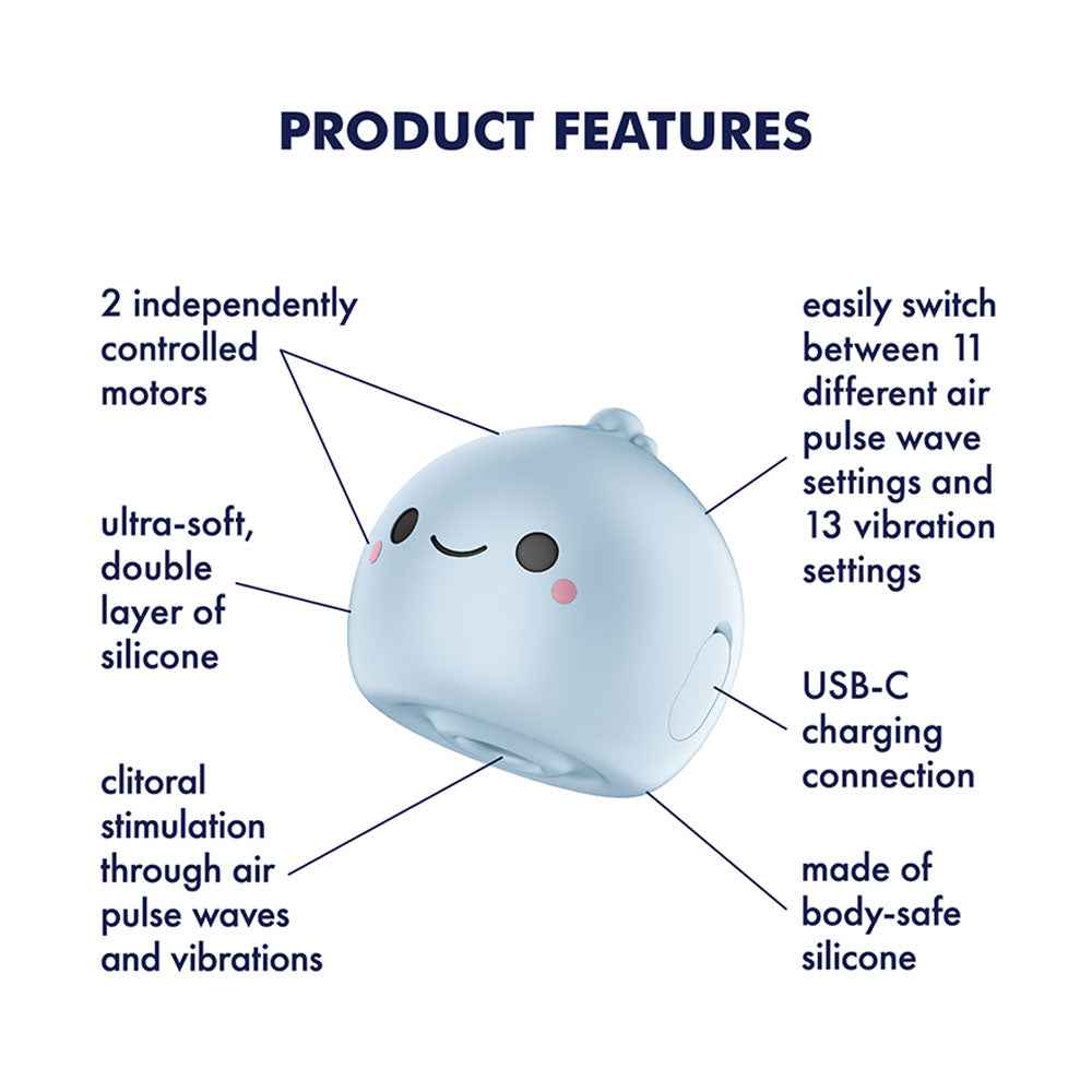 Side view of the Blue Satisfyer Mochi USB Rechargeable Air Pulse Stimulator with specifications on a white background | Flirty Bay, sex toys and vibrator, Perth Australia