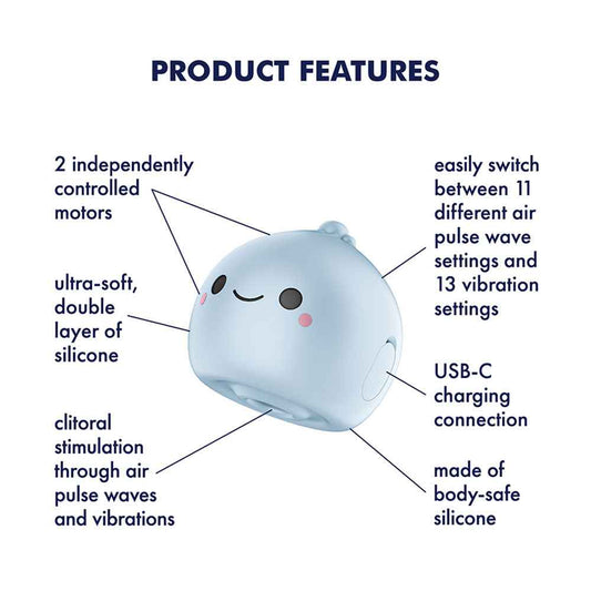 Side view of the Blue Satisfyer Mochi USB Rechargeable Air Pulse Stimulator with specifications on a white background | Flirty Bay, sex toys and vibrator, Perth Australia