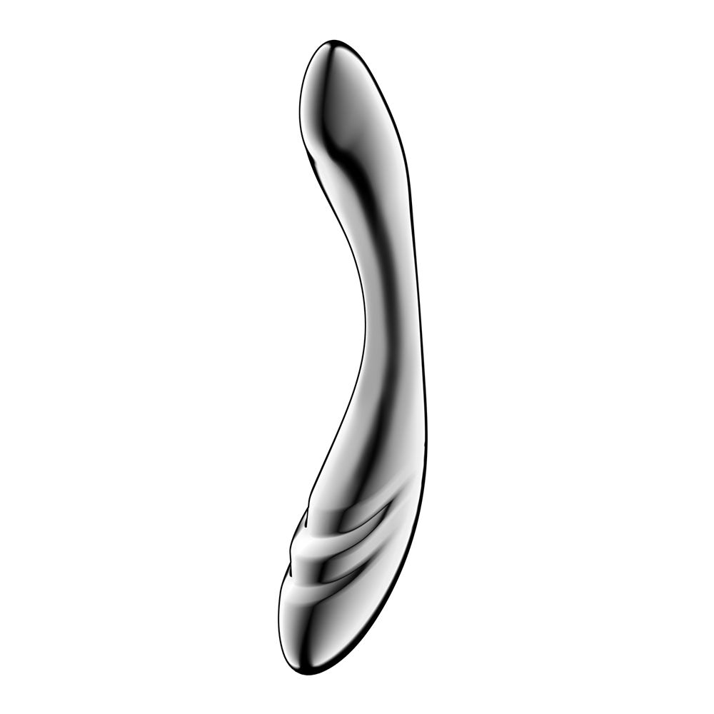 Side view of the Satisfyer Pure Gravity 3 Steel Dildo 8.2 inch on a white background | Flirty Bay, sex toys and dildo, Perth Australia