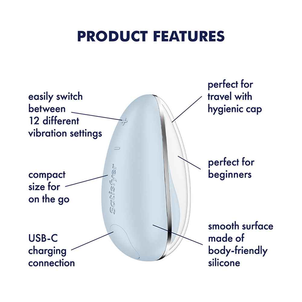 Back view of the blue Satisfyer Drop To Go USB Rechargeable Clitoral Stimulator with specifications on a white background | Flirty Bay, sex toys and clitoral stimulator, Perth Australia