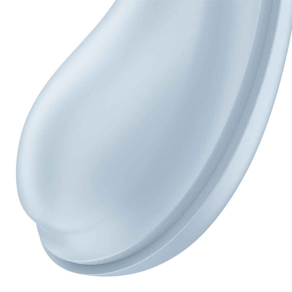 Close-up view of the vibrator point of the blue Satisfyer Drop To Go USB Rechargeable Clitoral Stimulator on a white background | Flirty Bay, sex toys and clitoral stimulator, Perth Australia