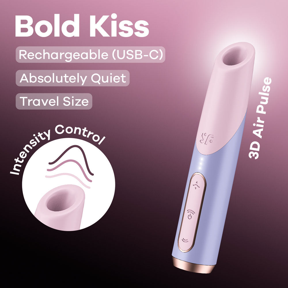 Front view of Satisfyer Bold Kiss mini vibrator with feature labels | Flirty Bay Adult Store Australia, Vibrator