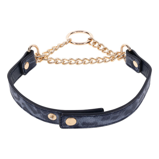 Elegant navy and gold BDSM day collar with fixed chain and gold ring from Sex & Mischief – perfect for light bondage and stylish wear, back | Flirty bay online adult store, adult toys and lingerie