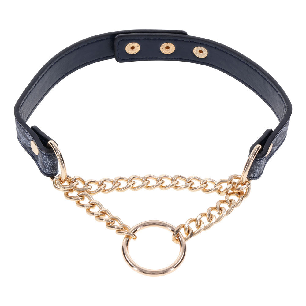 Elegant navy and gold BDSM day collar with fixed chain and gold ring from Sex & Mischief – perfect for light bondage and stylish wear | Flirty bay online adult store, adult toys and lingerie