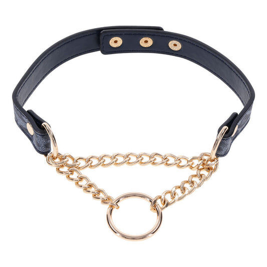 Elegant navy and gold BDSM day collar with fixed chain and gold ring from Sex & Mischief – perfect for light bondage and stylish wear | Flirty bay online adult store, adult toys and lingerie