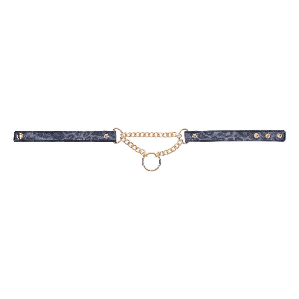 Elegant navy and gold BDSM day collar with fixed chain and gold ring from Sex & Mischief – perfect for light bondage and stylish wear, front | Flirty bay online adult store, adult toys and lingerie