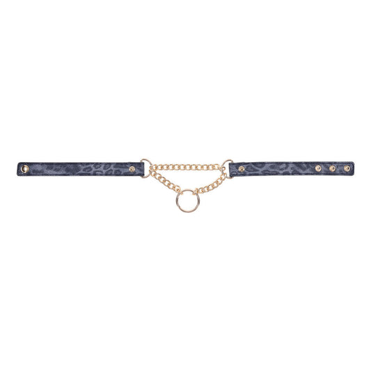 Elegant navy and gold BDSM day collar with fixed chain and gold ring from Sex & Mischief – perfect for light bondage and stylish wear, front | Flirty bay online adult store, adult toys and lingerie