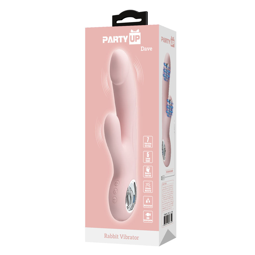 Party Up Dave Pink Rabbit Vibrator packaging, on a clear white background | Flirty Bay, sex toys Australia