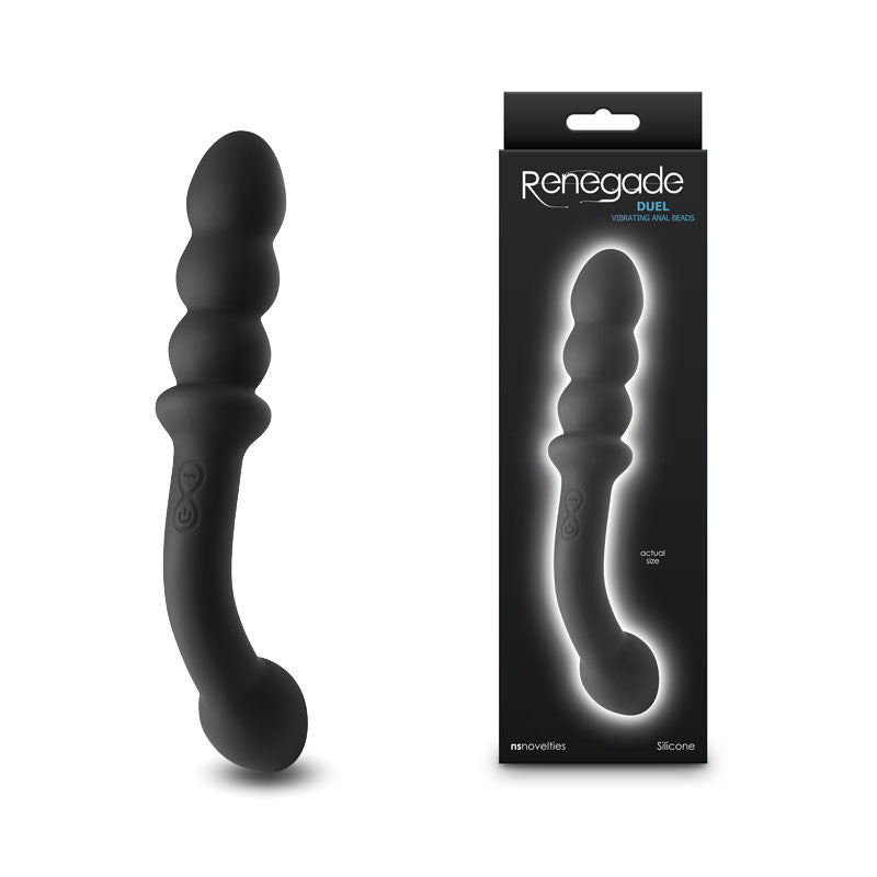 Front view of the black Renegade Duel vibrating anal beads with packaging visible, worn by a model on a beige background | Flirty Bay, anal plug adult store Australia
