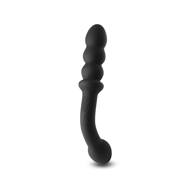 Quarter angle view of the black Renegade Duel vibrating anal beads showing both curved shaft and bead details on a white background | Flirty Bay, anal plug adult store Australia