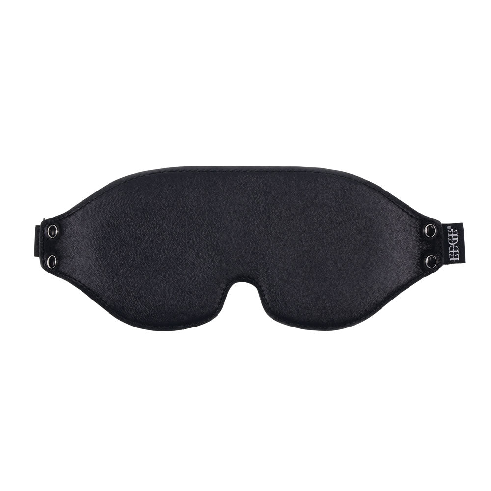 Top view of EDGE Lights Out Blindfold lying flat, showing smooth black faux leather finish | Flirty Bay adult toys online, best sex tools