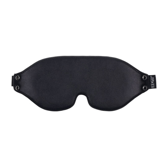 Top view of EDGE Lights Out Blindfold lying flat, showing smooth black faux leather finish | Flirty Bay adult toys online, best sex tools