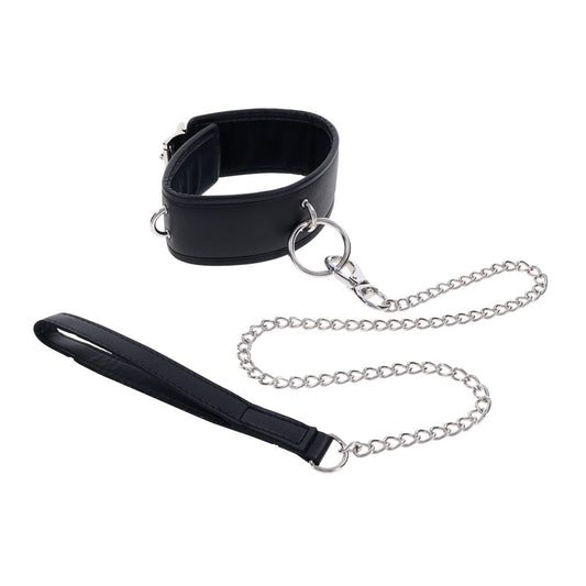 EDGE Collar and Leash set in black faux leather with silver metal hardware, laid flat on a white background | Flirty Bay adult toys online, best sex tools
