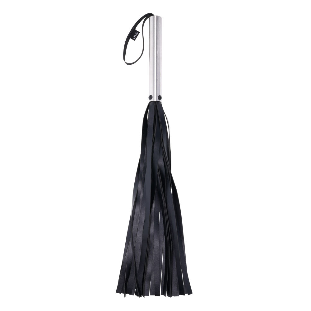 Black faux leather flogger whip with a stainless steel handle, perfect for BDSM impact play | Flirty Bay adult toys online, best sex tools
