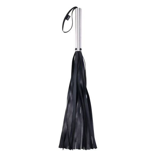 Black faux leather flogger whip with a stainless steel handle, perfect for BDSM impact play | Flirty Bay adult toys online, best sex tools