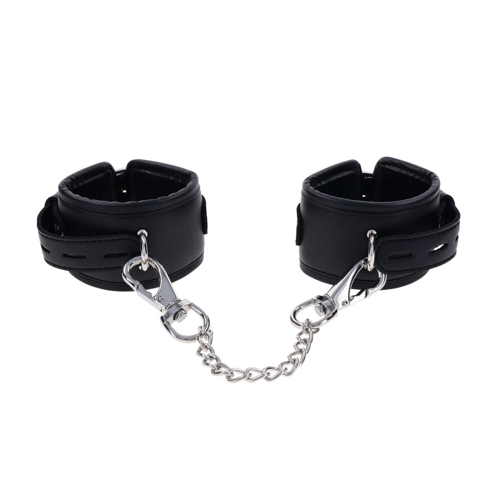 Front view of a closed EDGE handcuff showing the padded interior, silver buckle, and D-ring attachment | Flirty Bay adult toys online, best sex tools