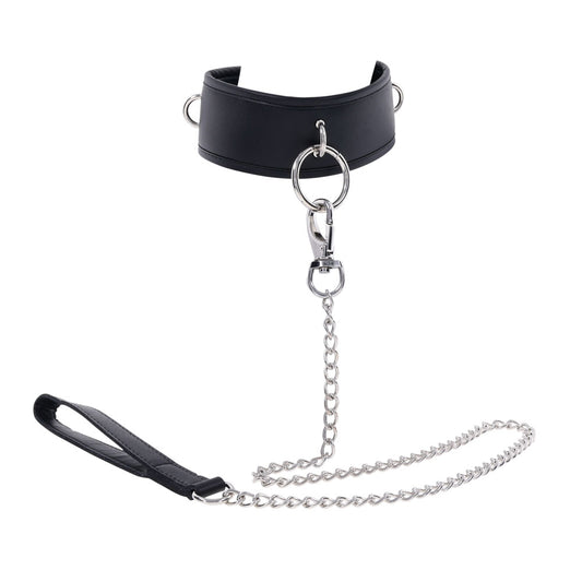 Black leather bondage collar worn on neck with silver leash attached, styled for BDSM aesthetic | Flirty Bay adult toys online, best sex tools
