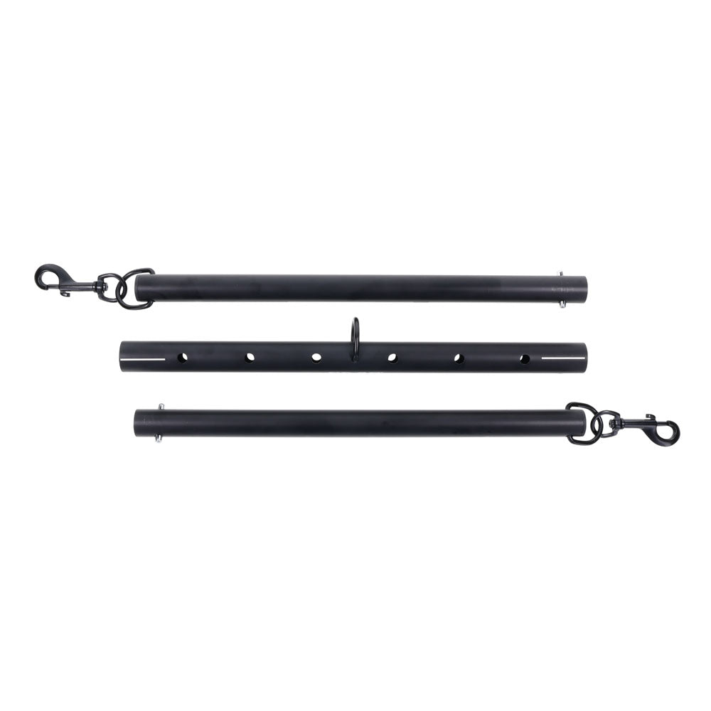 Edge Adjustable Spreader Bar disassembled into three separate parts, including the main bar and two cuff straps | Flirty Bay adult toys online, best sex tools