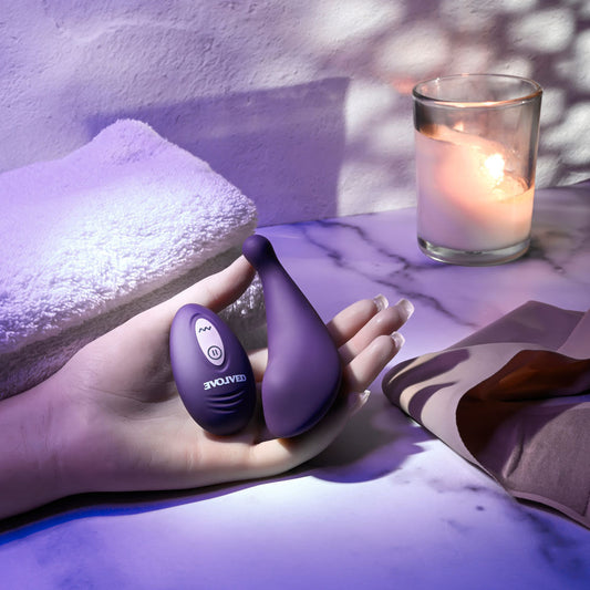 Evolved Panty Party vibrator shown in hand for size and design reference | Flirty Bay top rated vibrators