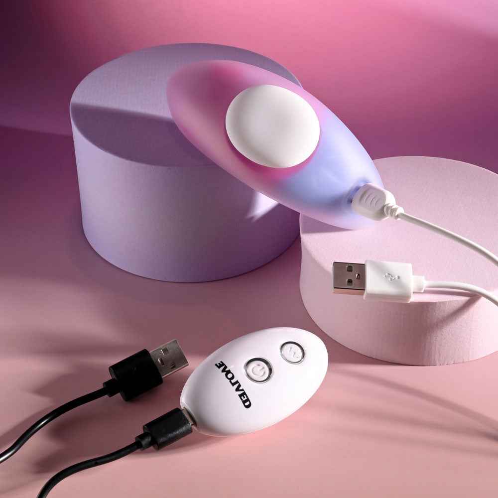 Top view of the Evolved Paradise Panty Pink Purple Rechargeable Vibrating Panties with remote control and charger cable in pink and purple decor | Flirty Bay, vibrator panties in Perth Australia