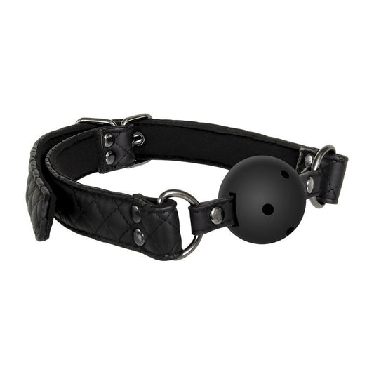 7-piece advanced bondage set in black diamond-stitched vegan leather by Adam & Eve with cuffs, collar, ball gag, leash, blindfold, paddle, and hogtie, focus on gag | Flirty bay online adult store, adult toys and lingerie