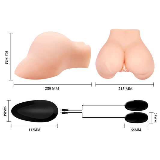 Front and side view with dimensions and remote control of the Flesh Crazy Bull Julie vibrating male masturbator on a white background | Flirty Bay Adult Store and Strokers in Perth Australia