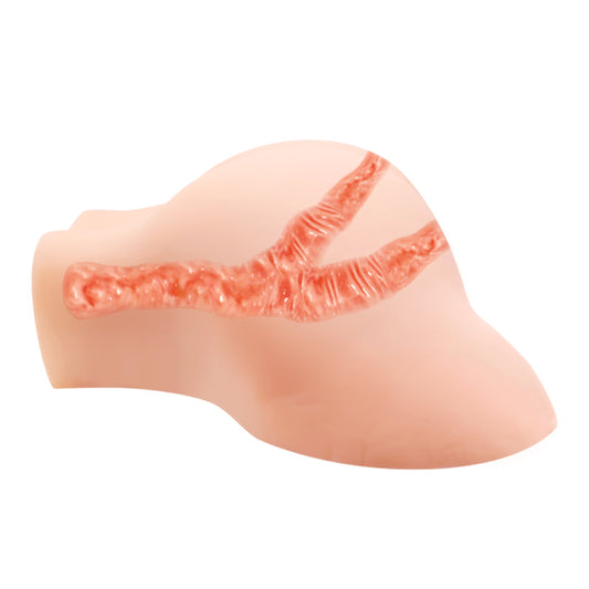 Side view showing internal sleeve texture of the Flesh Crazy Bull Julie vibrating stroker, on a white background | Flirty Bay Adult Store and Strokers in Perth Australia