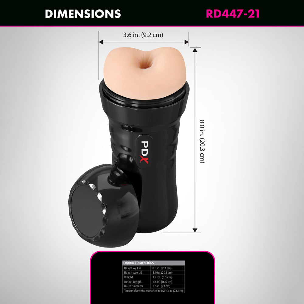 Front view of Open PDX Wet Bussies Super Bangin Flesh Butt anal stroker with dimensions shown | Flirty Bay Adult Store and Strokers in Perth Australia