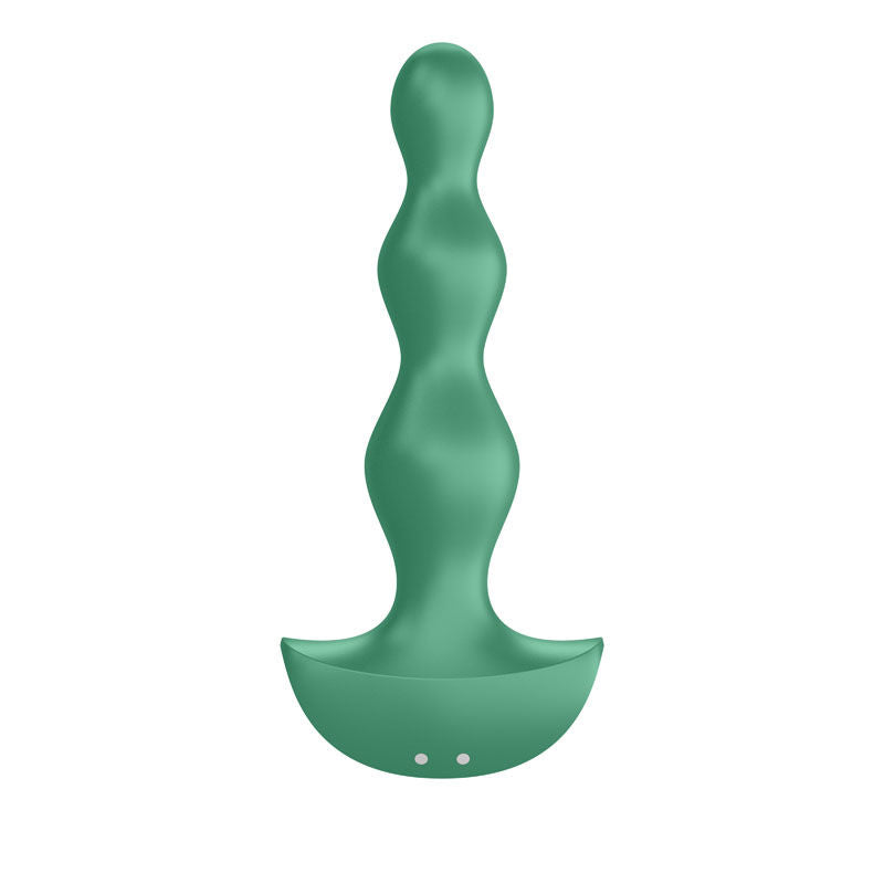 Back view of the Satisfyer green vibrating anal beads as worn by a model, placed against a neutral beige backdrop | Flirty Bay, anal plug adult store Australia