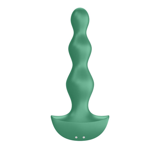 Back view of the Satisfyer green vibrating anal beads as worn by a model, placed against a neutral beige backdrop | Flirty Bay, anal plug adult store Australia