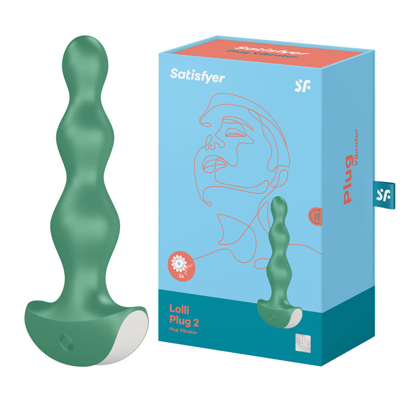 Front view of the Satisfyer green vibrating anal beads with visible packaging, highlighting soft silicone material and remote compatibility | Flirty Bay, anal plug adult store Australia