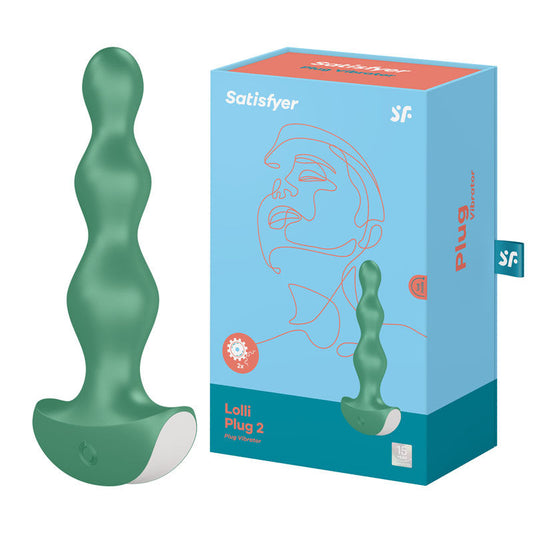 Front view of the Satisfyer green vibrating anal beads with visible packaging, highlighting soft silicone material and remote compatibility | Flirty Bay, anal plug adult store Australia