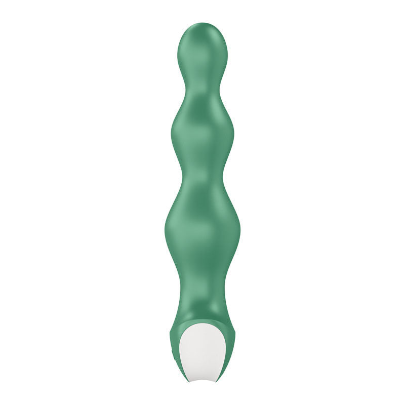 Quarter view of the Satisfyer green vibrating anal beads, showing textured surface and elegant body-safe contours | Flirty Bay, anal plug adult store Australia