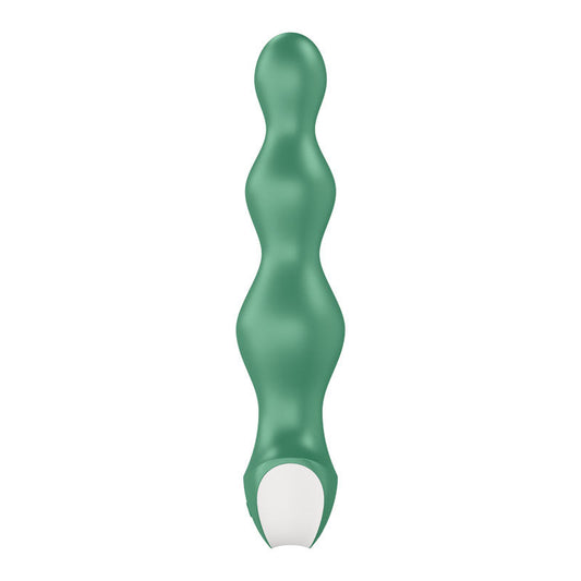 Quarter view of the Satisfyer green vibrating anal beads, showing textured surface and elegant body-safe contours | Flirty Bay, anal plug adult store Australia