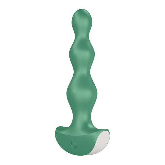 Side view of the Satisfyer green vibrating anal beads, displaying ergonomic curved design and smooth silicone finish | Flirty Bay, anal plug adult store Australia