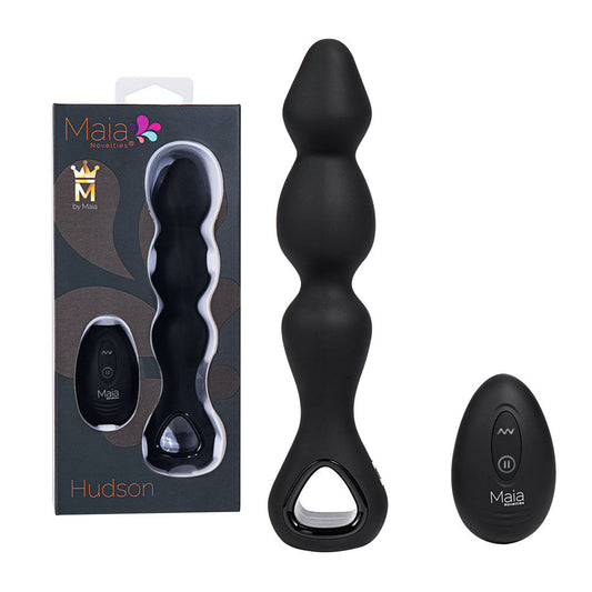 Front view of the  Black Maia Hudson vibrating anal beads with remote control and packaging, displayed on a clean white background | Flirty Bay, anal plug adult store Australia