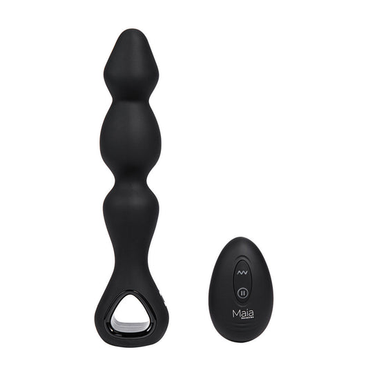 Front view of the Maia Hudson  black vibrating anal beads with wireless remote control, shown on a clean white background | Flirty Bay, anal plug adult store Australia