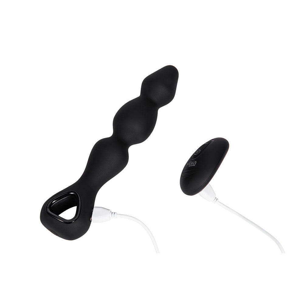 Top view of the Maia Hudson anal black beads with USB charger and wireless remote on a white background | Flirty Bay, anal plug adult store Australia