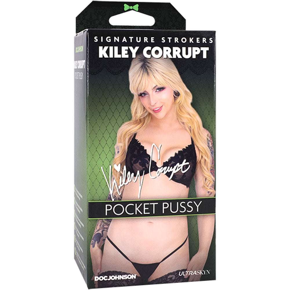 Signature Strokers Kiley Corrupt Pocket Pussy packaging with Kiley Corrupt image on white clear product | Flirty Bay, male masturbator adult store Australia